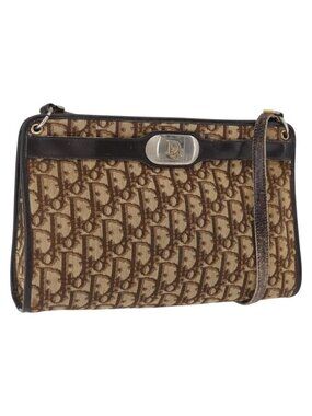 Authentic Christian Dior Trotter Canvas Shoulder Bag Beige Gold